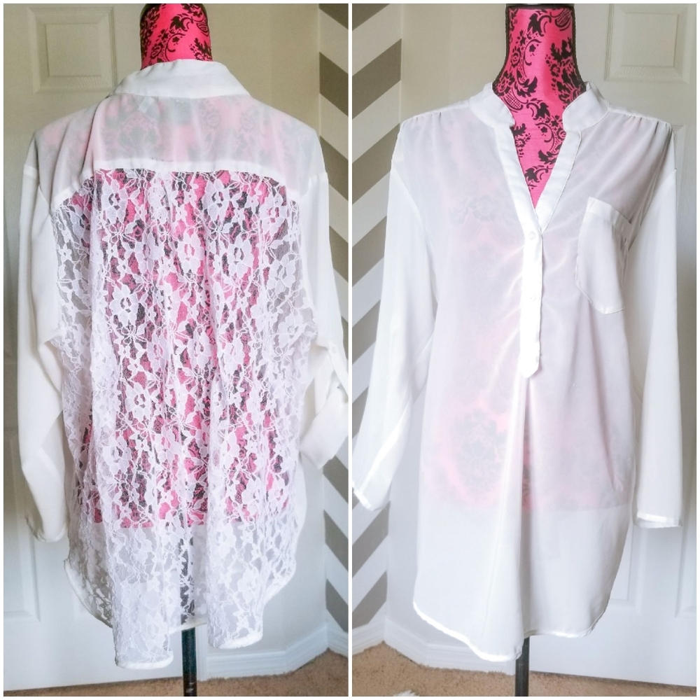 DGNY White Lace Panel Tunic Blouse